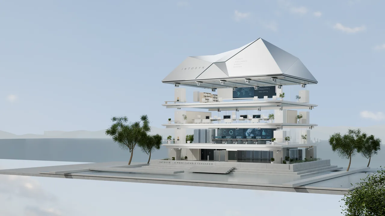INTOSYN 四层企业 AI 建筑,滚动展开知识、专业工作、协作与算力空间